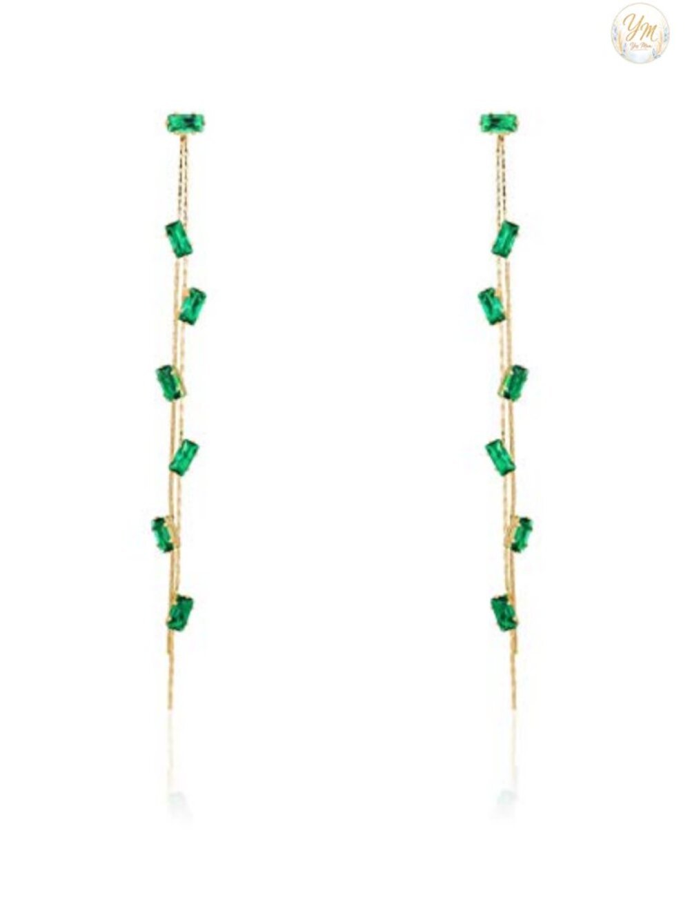 18k Gold Plated Drop Earrings with Green Glass, 925 Sterling Silver Post, Long